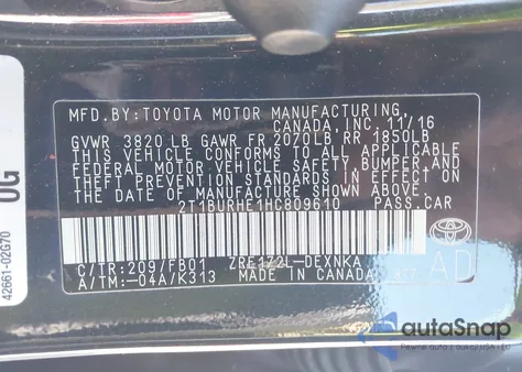 2017 Toyota Corolla Le from USA, damaged, VIN 2T1BURHE1HC809610